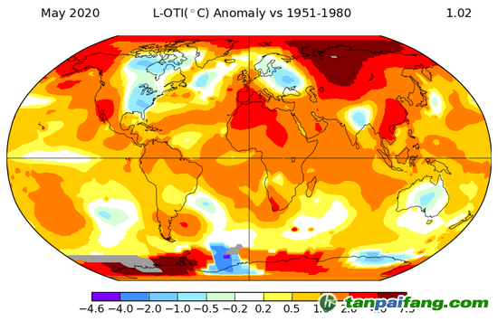 地圖對(duì)比了2020年5月氣溫VS1951-1980年5月的平均溫度，如圖所示，北極圈內(nèi)的西伯利亞部分地區(qū)和南極洲溫度飆升。資料來(lái)源：聯(lián)合國(guó)環(huán)境規(guī)劃署世界環(huán)境情報(bào)室(WESR)